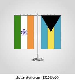 Table stand with flags of India and The Bahamas.Two flag. Flag pole. Symbolizing the cooperation between the two countries. Table flags