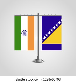 Table stand with flags of India and Bosnia and Herzegovina.Two flag. Flag pole. Symbolizing the cooperation between the two countries. Table flags
