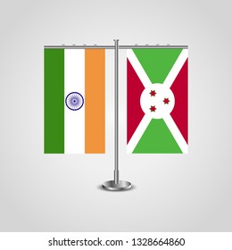 Table stand with flags of India and Burundi .Two flag. Flag pole. Symbolizing the cooperation between the two countries. Table flags