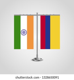 Table stand with flags of India and Colombia.Two flag. Flag pole. Symbolizing the cooperation between the two countries. Table flags