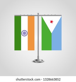 Table stand with flags of India and Djibouti.Two flag. Flag pole. Symbolizing the cooperation between the two countries. Table flags