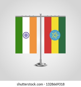 Table stand with flags of India and Ethiopia.Two flag. Flag pole. Symbolizing the cooperation between the two countries. Table flags
