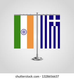 Table stand with flags of India and Greece.Two flag. Flag pole. Symbolizing the cooperation between the two countries. Table flags