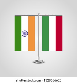 Table stand with flags of India and Hungary.Two flag. Flag pole. Symbolizing the cooperation between the two countries. Table flags
