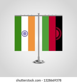 Table stand with flags of India and Malawi.Two flag. Flag pole. Symbolizing the cooperation between the two countries. Table flags