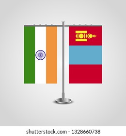 Table stand with flags of India and Mongolia.Two flag. Flag pole. Symbolizing the cooperation between the two countries. Table flags