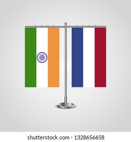 Table stand with flags of India and Netherlands.Two flag. Flag pole. Symbolizing the cooperation between the two countries. Table flags