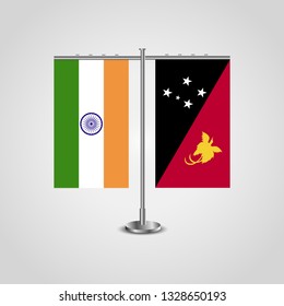 Table stand with flags of India and Papua New Guinea.Two flag. Flag pole. Symbolizing the cooperation between the two countries. Table flags