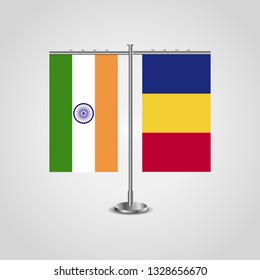 Table stand with flags of India and Romania.Two flag. Flag pole. Symbolizing the cooperation between the two countries. Table flags