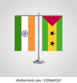 Table stand with flags of India and Sao Tome and Principe.Two flag. Flag pole. Symbolizing the cooperation between the two countries. Table flags