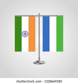 Table stand with flags of India and Sierra Leone.Two flag. Flag pole. Symbolizing the cooperation between the two countries. Table flags