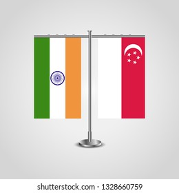 Table stand with flags of India and Singapore.Two flag. Flag pole. Symbolizing the cooperation between the two countries. Table flags