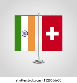 Table stand with flags of India and Switzerland.Two flag. Flag pole. Symbolizing the cooperation between the two countries. Table flags