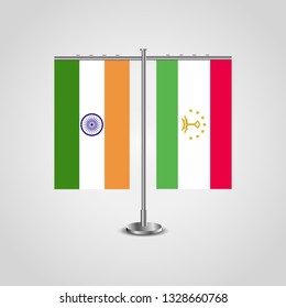 Table stand with flags of India and Tajikistan.Two flag. Flag pole. Symbolizing the cooperation between the two countries. Table flags