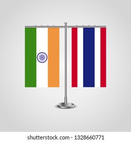 Table stand with flags of India and Thailand.Two flag. Flag pole. Symbolizing the cooperation between the two countries. Table flags