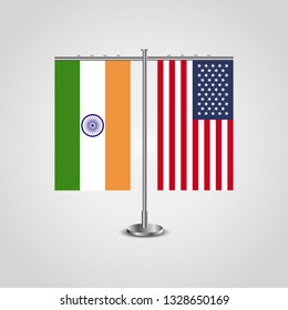 Table stand with flags of India and USA.Two flag. Flag pole. Symbolizing the cooperation between the two countries. Table flags