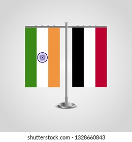 Table stand with flags of India and Yemen.Two flag. Flag pole. Symbolizing the cooperation between the two countries. Table flags