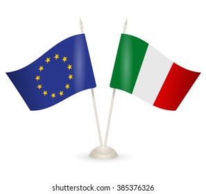 Table stand with flags of Italy and EU. Symbolizing the cooperation between the two countries. flag icons. Two flag vector. flag pole.
