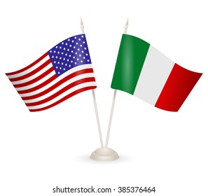 Table stand with flags of Italy and USA. Symbolizing the cooperation between the two countries. flag icons. Two flag vector. flag pole. american flag.