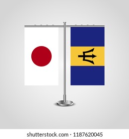 Table stand with flags of Japan and Barbados.Two flag. Flag pole. Symbolizing the cooperation between the two countries. Table flags