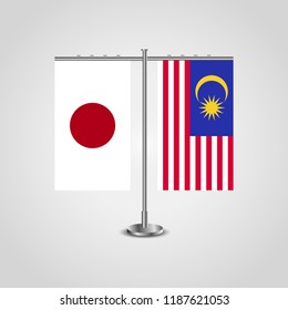 Table stand with flags of Japan and Malaysia.Two flag. Flag pole. Symbolizing the cooperation between the two countries. Table flags