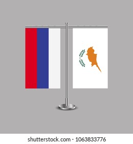 Table stand with flags of Russia and Cyprus.Two flag. Flag pole. Symbolizing the cooperation between the two countries.Table flags