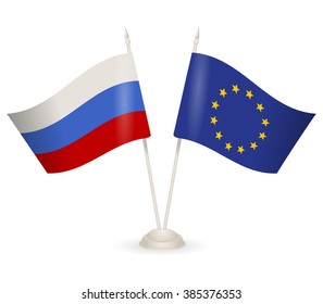 Table stand with flags of Russia and European Union. Symbolizing the cooperation between the two countries. flag icons. Two flag vector. flag pole. 