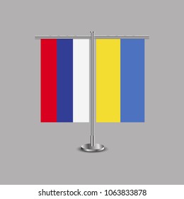 Table stand with flags of Russia and Ukraine.Two flag. Flag pole. Symbolizing the cooperation between the two countries.Table flags