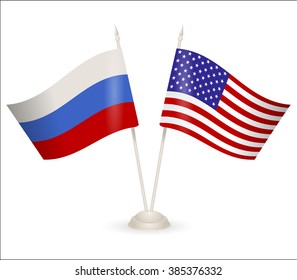 Table stand with flags of Russia and USA. Symbolizing the cooperation between the two countries. flag icons. Two flag vector. flag pole. american flag. 