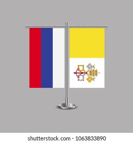Table stand with flags of Russia and Vatican.Two flag. Flag pole. Symbolizing the cooperation between the two countries.Table flags