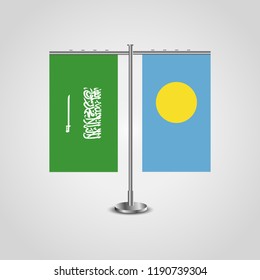 Table stand with flags of Saudi Arabia and Palau.Two flag. Flag pole. Symbolizing the cooperation between the two countries. Table flags