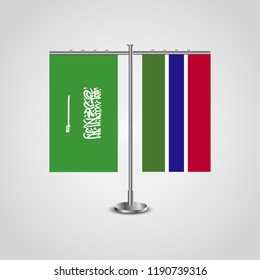 Table stand with flags of Saudi Arabia and Gambia.Two flag. Flag pole. Symbolizing the cooperation between the two countries. Table flags