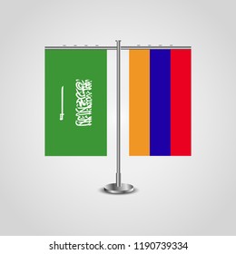 Table stand with flags of Saudi Arabia and Armenia.Two flag. Flag pole. Symbolizing the cooperation between the two countries. Table flags