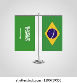 Table stand with flags of Saudi Arabia and Brazil.Two flag. Flag pole. Symbolizing the cooperation between the two countries. Table flags