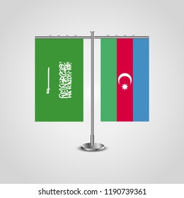 Table stand with flags of Saudi Arabia and Azerbaijan.Two flag. Flag pole. Symbolizing the cooperation between the two countries. Table flags