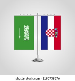 Table stand with flags of Saudi Arabia and Croatia.Two flag. Flag pole. Symbolizing the cooperation between the two countries. Table flags
