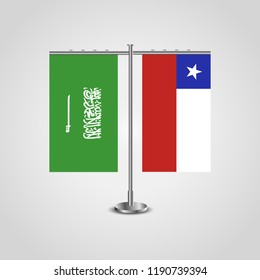 Table stand with flags of Saudi Arabia and Chile.Two flag. Flag pole. Symbolizing the cooperation between the two countries. Table flags