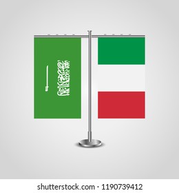 Table stand with flags of Saudi Arabia and Italy.Two flag. Flag pole. Symbolizing the cooperation between the two countries. Table flags