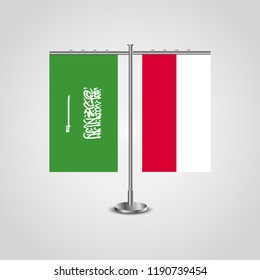 Table stand with flags of Saudi Arabia and Poland.Two flag. Flag pole. Symbolizing the cooperation between the two countries. Table flags