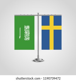 Table stand with flags of Saudi Arabia and Sweden.Two flag. Flag pole. Symbolizing the cooperation between the two countries. Table flags