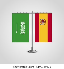 Table stand with flags of Saudi Arabia and Spain.Two flag. Flag pole. Symbolizing the cooperation between the two countries. Table flags