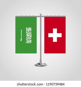 Table stand with flags of Saudi Arabia and Switzerland.Two flag. Flag pole. Symbolizing the cooperation between the two countries. Table flags