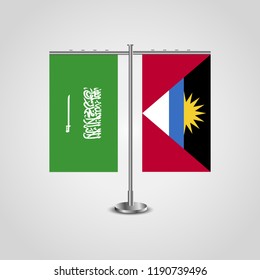Table stand with flags of Saudi Arabia and Antigua and Barbuda.Two flag. Flag pole. Symbolizing the cooperation between the two countries. Table flags