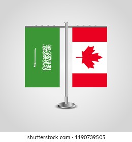 Table stand with flags of Saudi Arabia and Canada.Two flag. Flag pole. Symbolizing the cooperation between the two countries. Table flags
