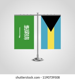 Table stand with flags of Saudi Arabia and The Bahamas.Two flag. Flag pole. Symbolizing the cooperation between the two countries. Table flags