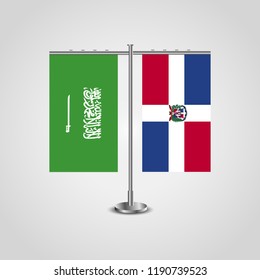 Table stand with flags of Saudi Arabia and Dominican Republic.Two flag. Flag pole. Symbolizing the cooperation between the two countries. Table flags
