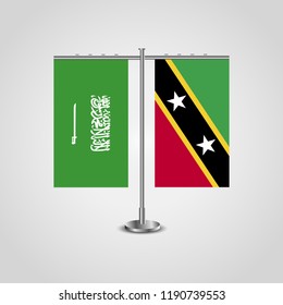 Table stand with flags of Saudi Arabia and Saint Kitts and Nevis.Two flag. Flag pole. Symbolizing the cooperation between the two countries. Table flags