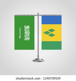 Table stand with flags of Saudi Arabia and Saint Vincent and the Grenadines.Two flag. Flag pole. Symbolizing the cooperation between the two countries. Table flags