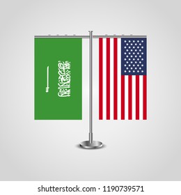 Table stand with flags of Saudi Arabia and USA.Two flag. Flag pole. Symbolizing the cooperation between the two countries. Table flags