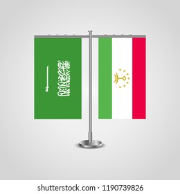 Table stand with flags of Saudi Arabia and Tajikistan.Two flag. Flag pole. Symbolizing the cooperation between the two countries. Table flags